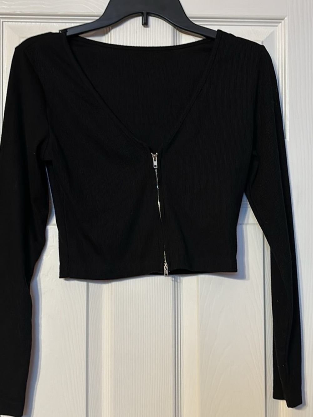 Blush Black Ribbed Long-Sleeve Zip Front Cropped Top